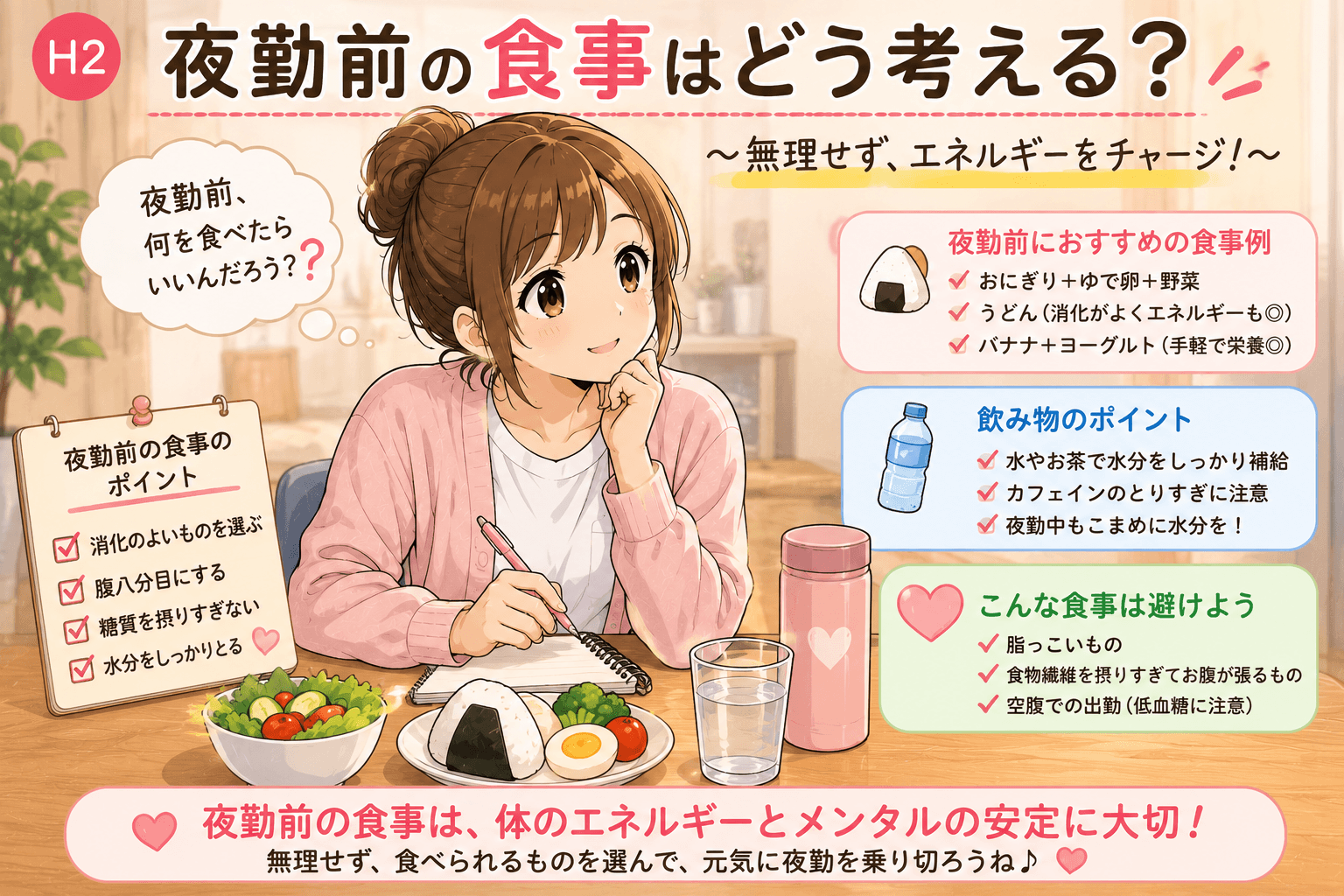 看護師の夜勤前の食事と水分補給について考えるこはるのイメージ