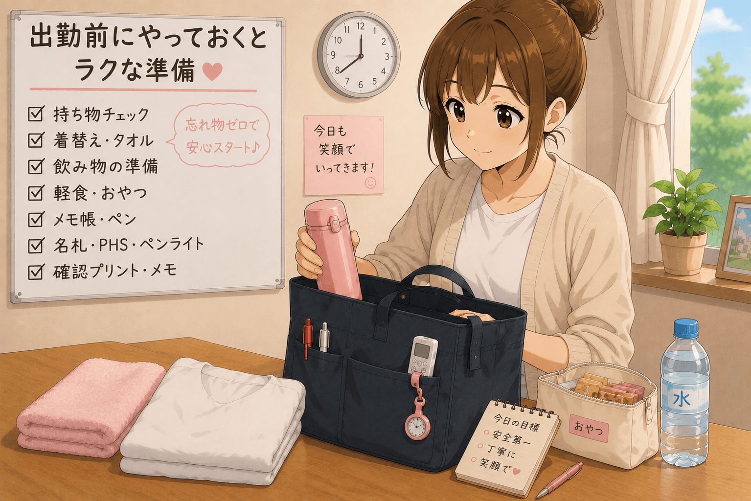 看護師が夜勤前に持ち物や飲み物などを準備するイメージ