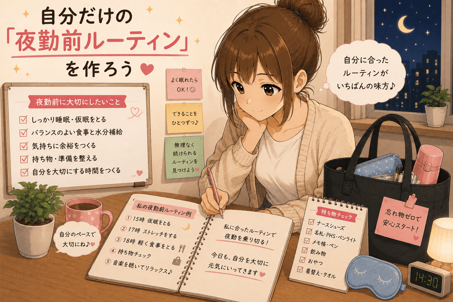 看護師が自分に合った夜勤前ルーティンを整えるためのまとめイメージ
