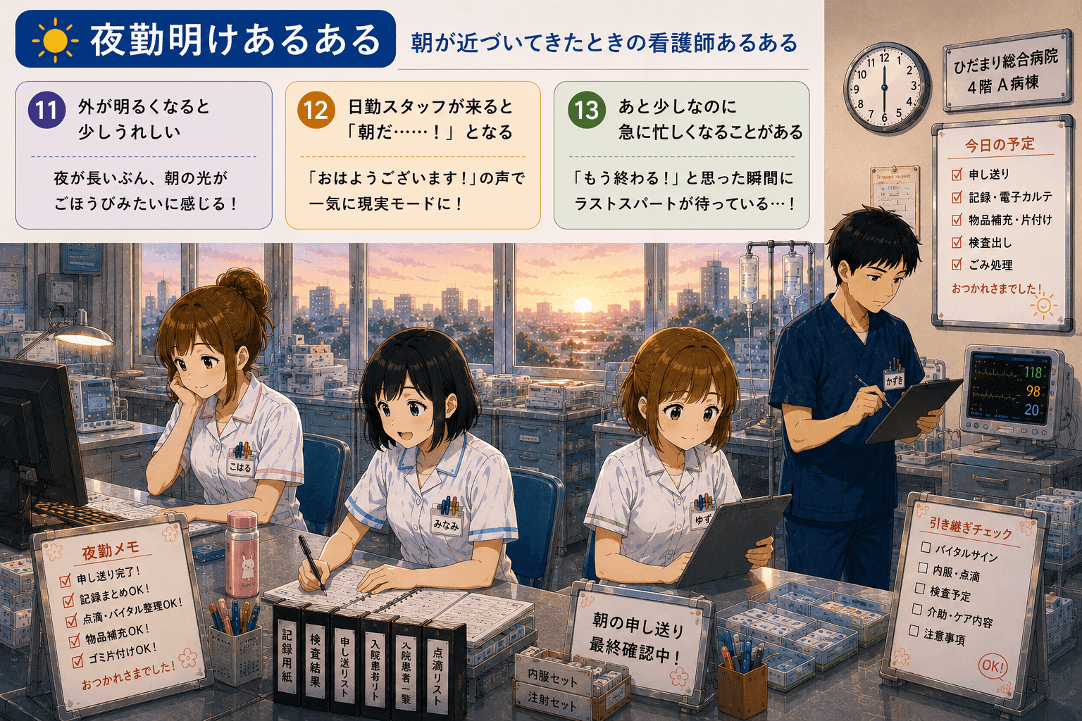 夜勤中のナースステーションで協力して働く看護師たち