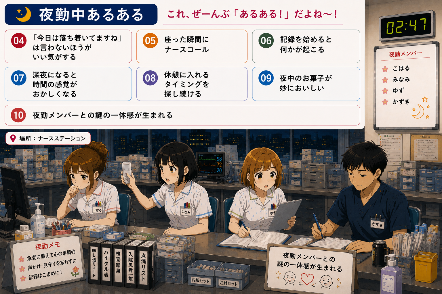 夜勤中のナースステーションで協力して働く看護師たち