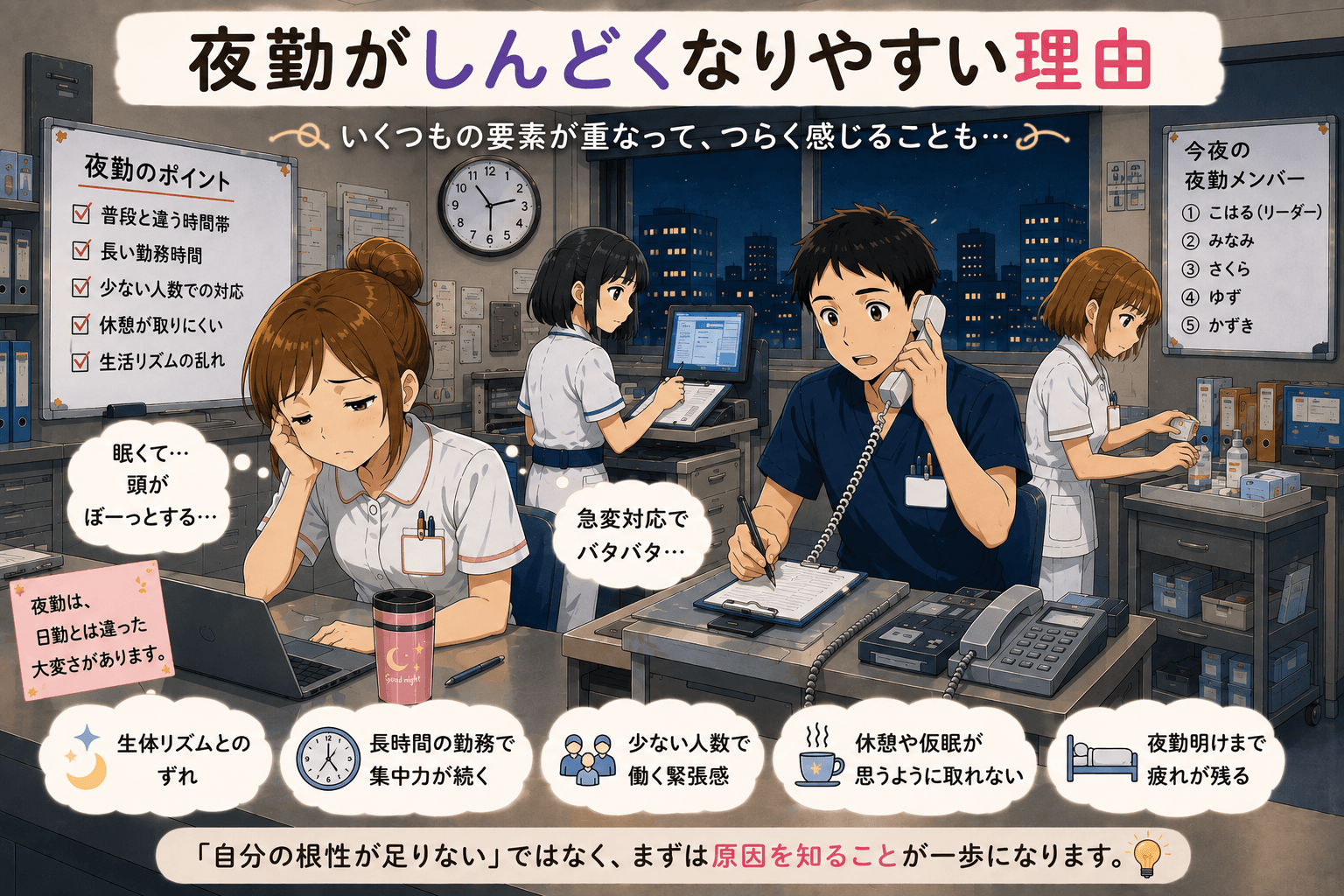 深夜のナースステーションで眠気や緊張感の中働く看護師たち