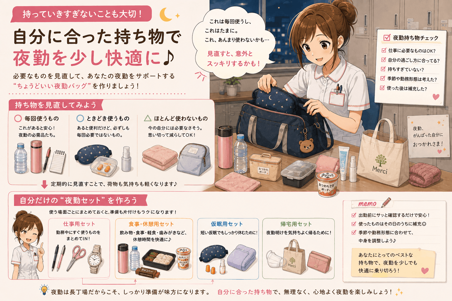 看護師が夜勤バッグの持ち物を必要度別に整理している様子