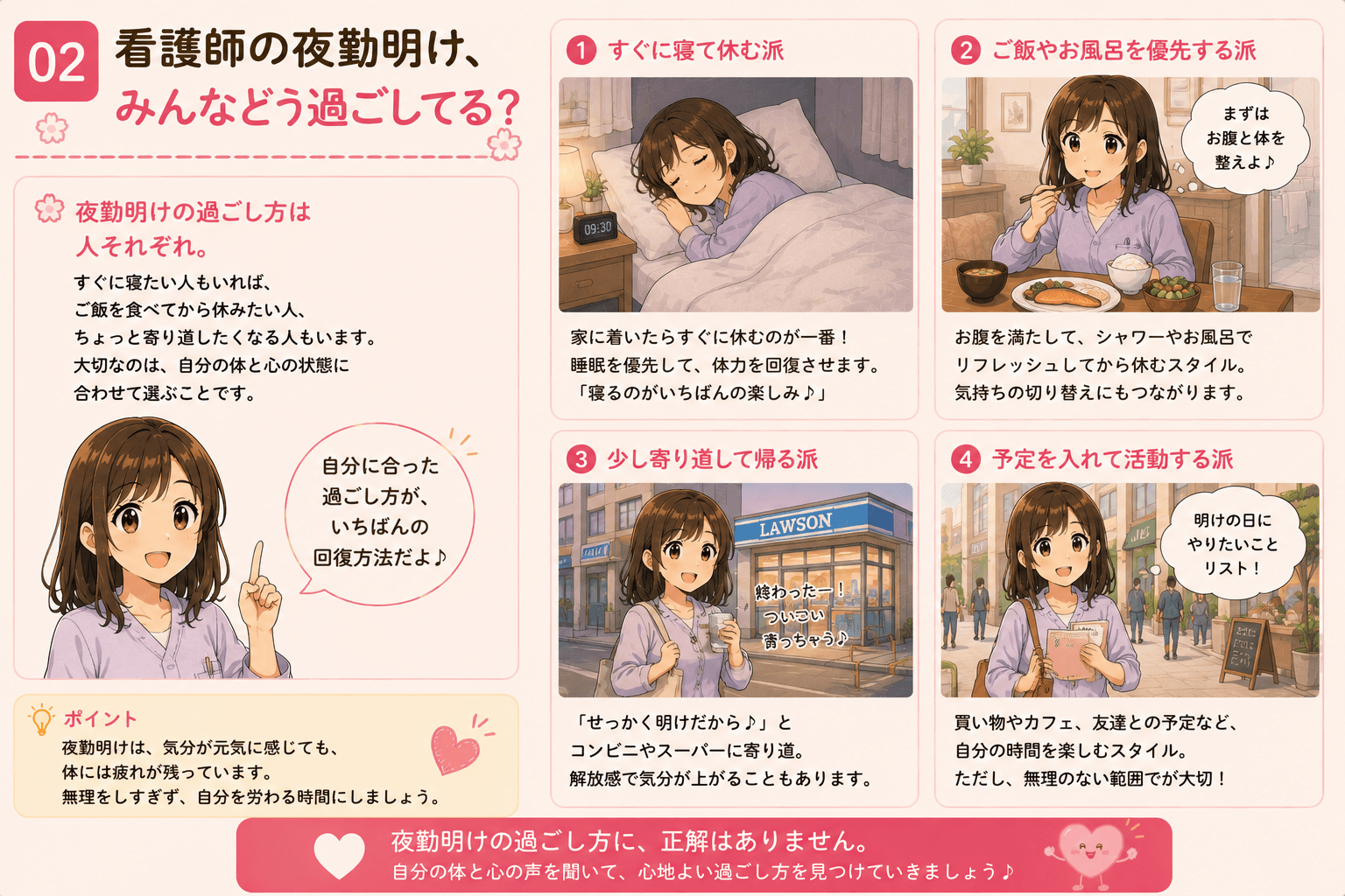 夜勤明けの過ごし方は人それぞれと話す看護師たち