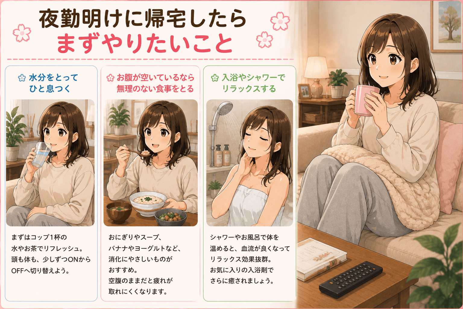 夜勤明けに帰宅して水分・食事・リラックスを意識する看護師
