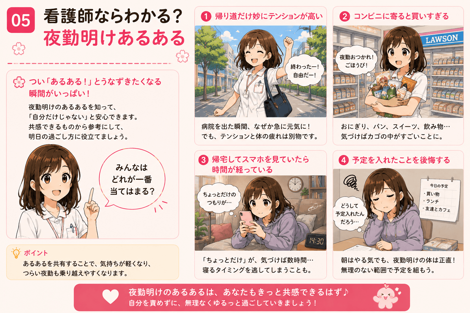 看護師の夜勤明けあるあるを紹介するイメージ