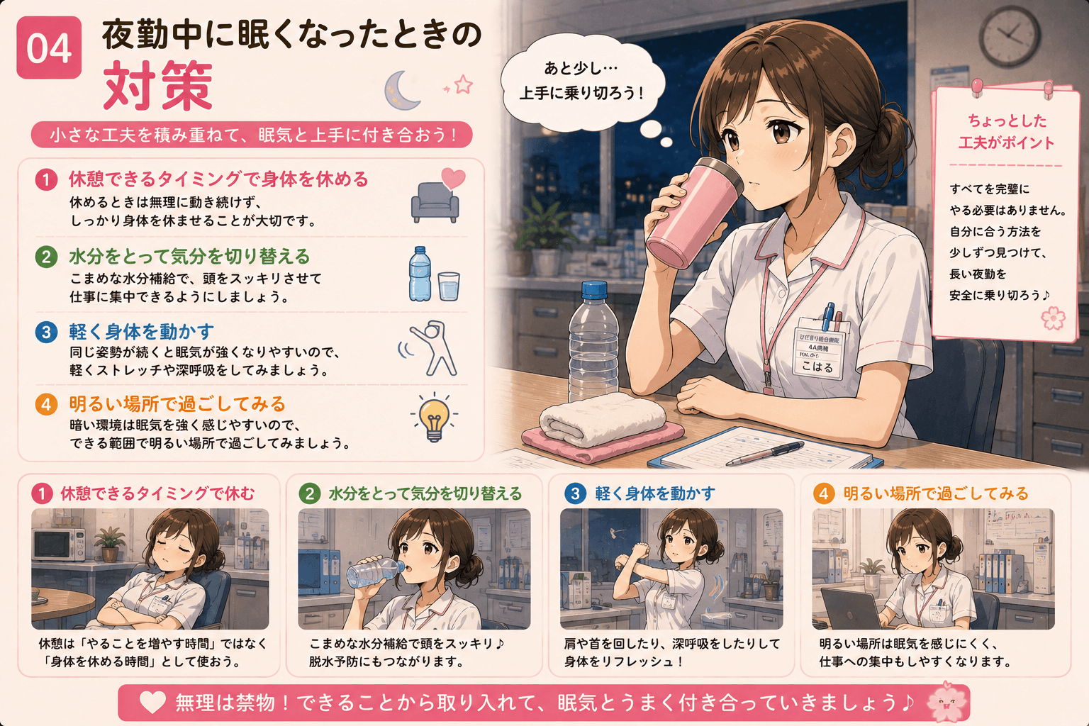 夜勤中に眠くなったときの対策を紹介するこはる