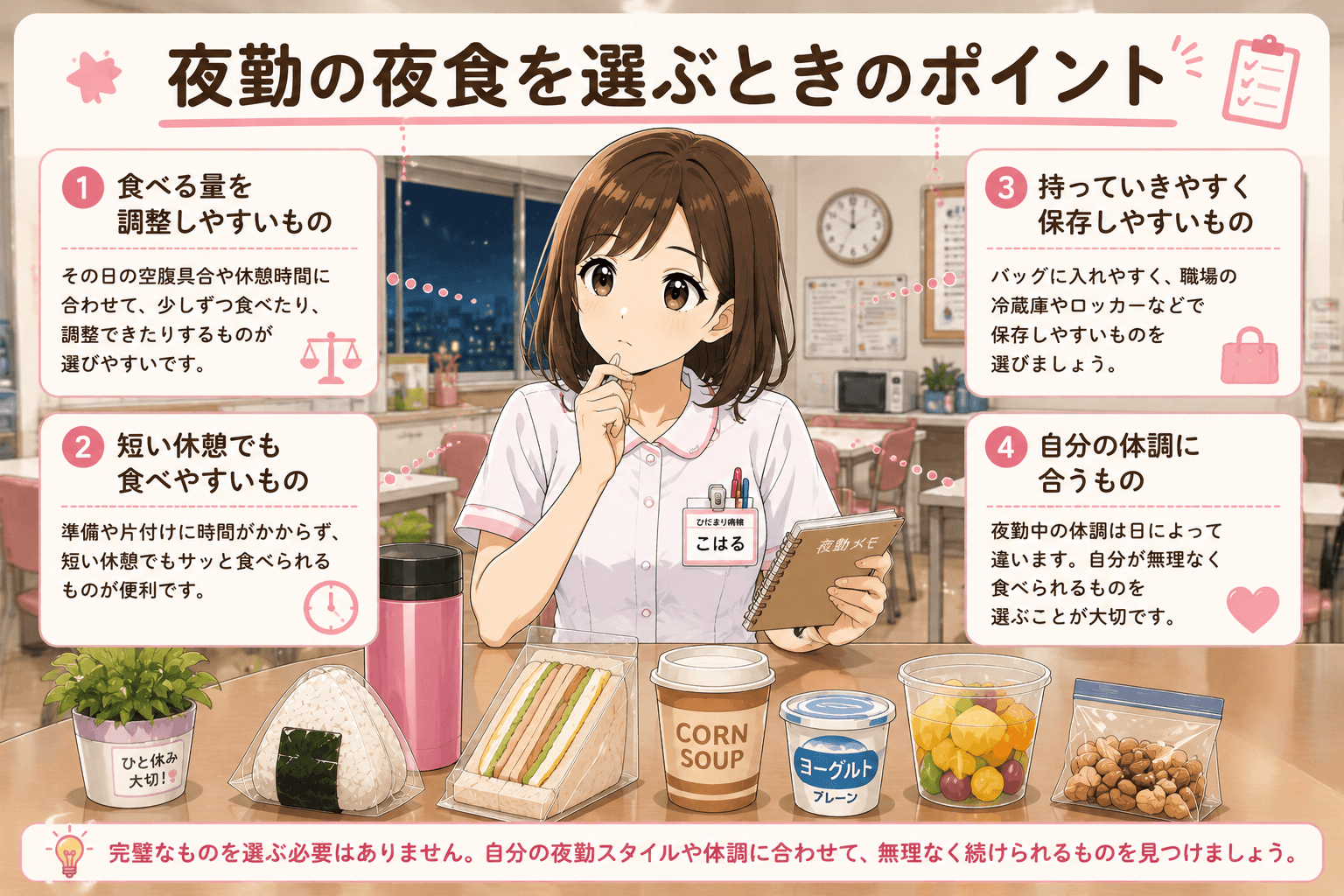 夜勤の夜食を選ぶときのポイントを紹介するこはる