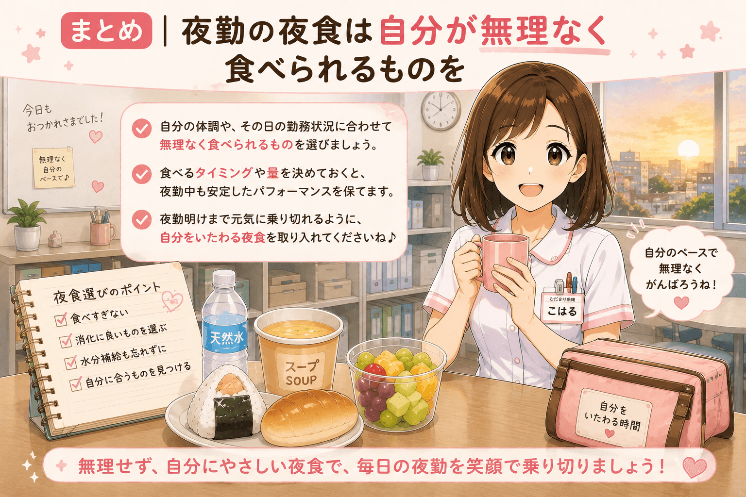夜勤の夜食は自分が無理なく食べられるものを選ぶことを紹介するこはる