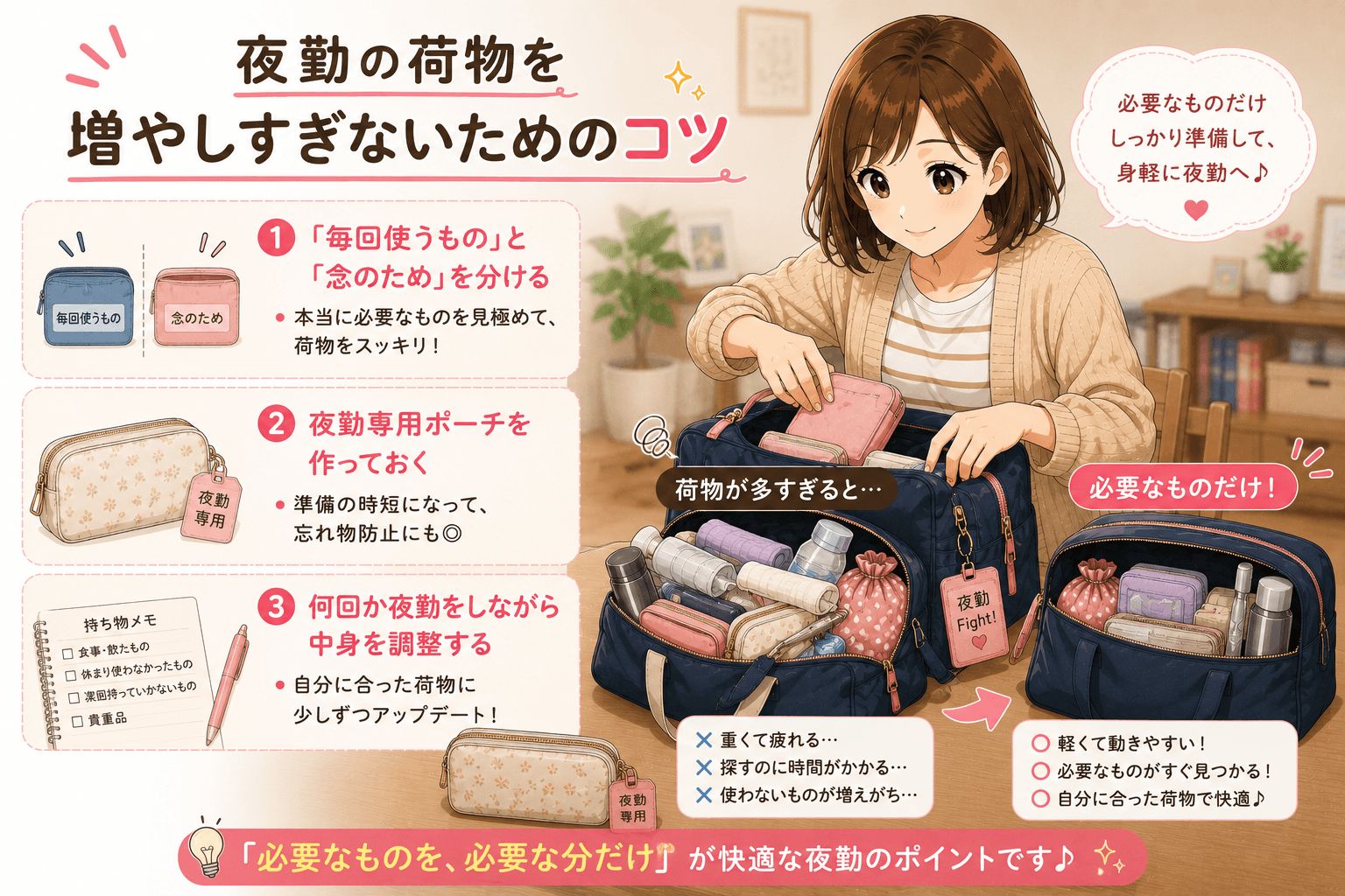 夜勤の荷物を増やしすぎないためのコツ