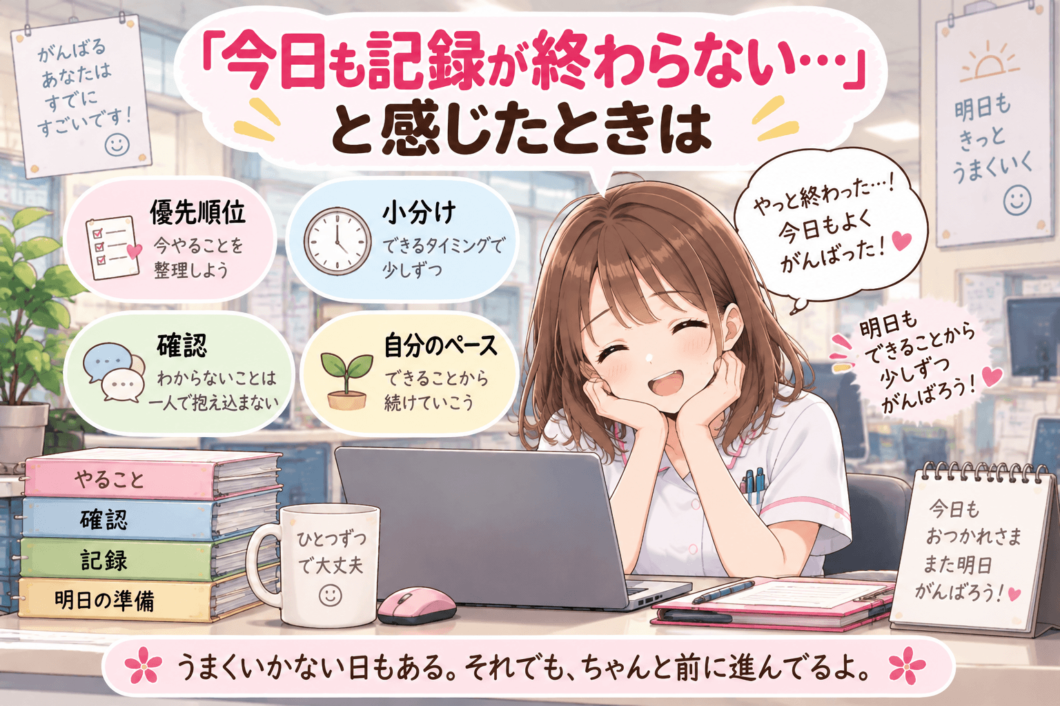 今日も記録が終わらないと感じた看護師が勤務を振り返る様子