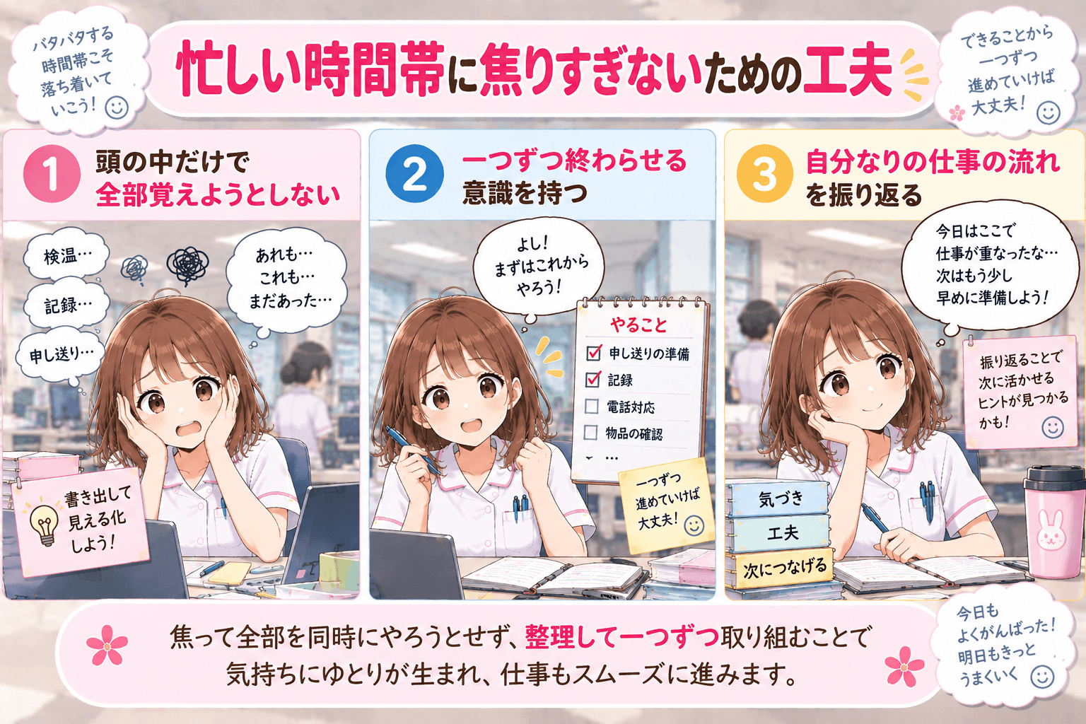 看護師が忙しい時間帯に焦りすぎないための工夫