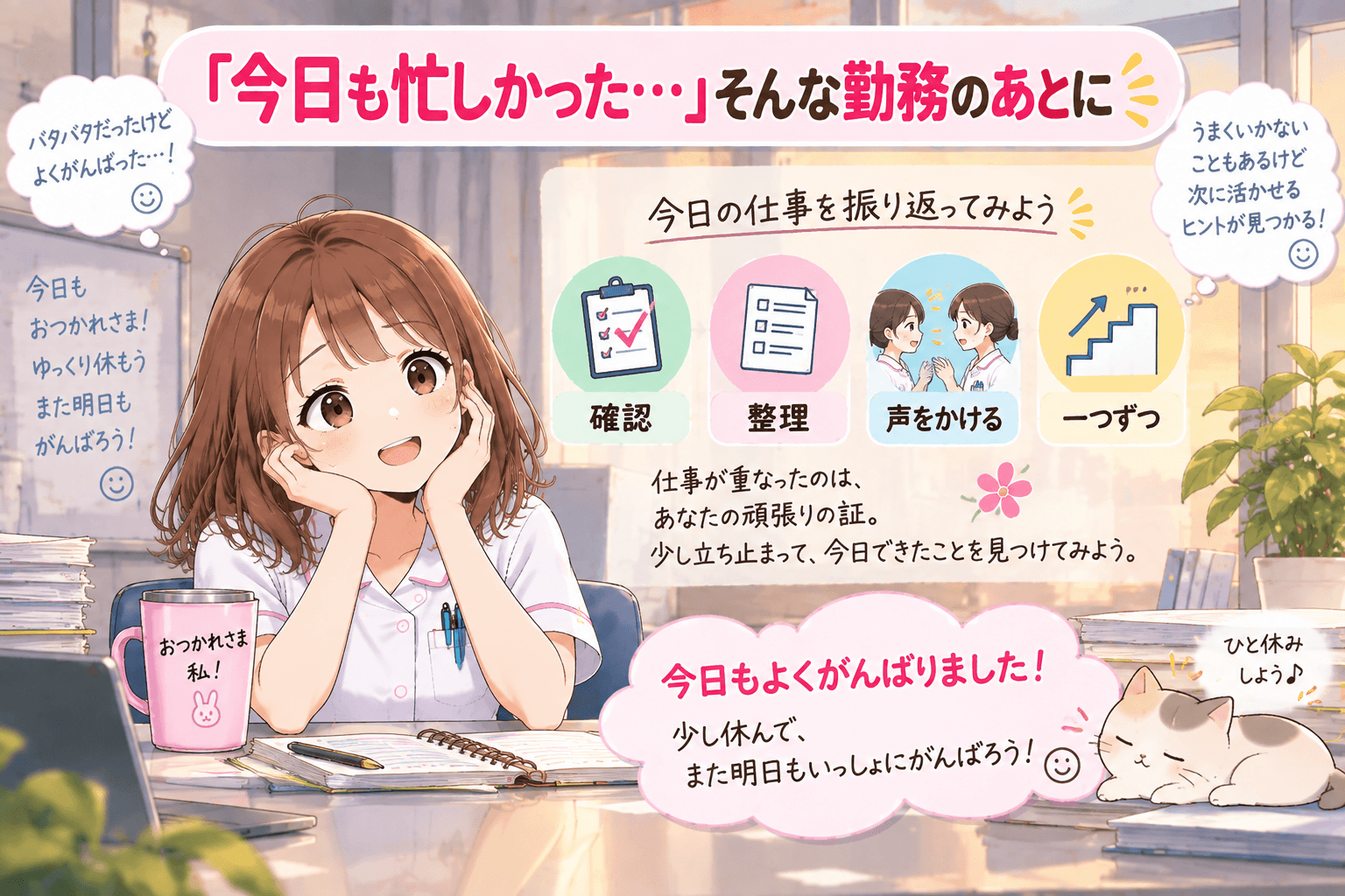 忙しかった勤務のあとに仕事を振り返る看護師