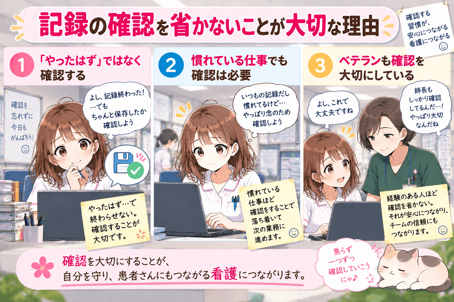 看護記録の確認を省かないことの大切さを表したイラスト