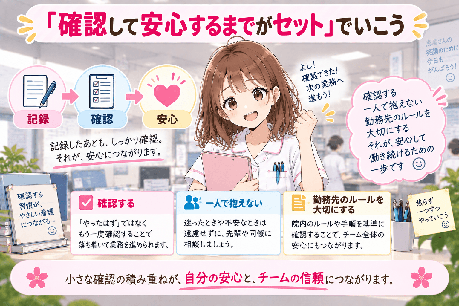 記録と確認を終えて安心する看護師のイラスト