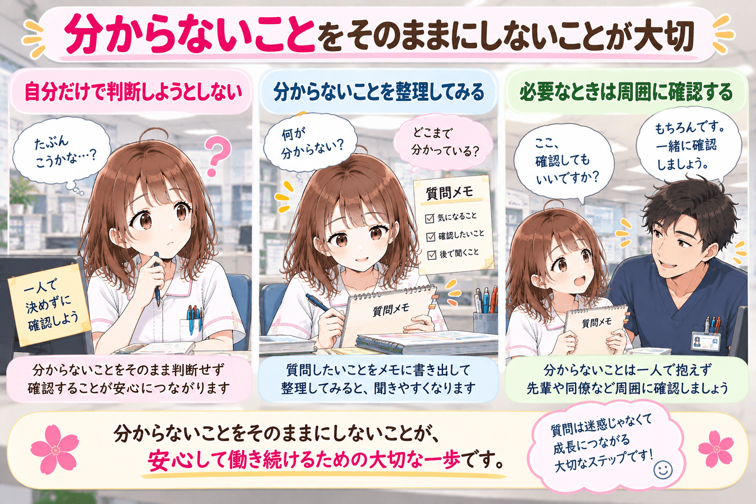 新人看護師が分からないことを整理して先輩へ確認している場面