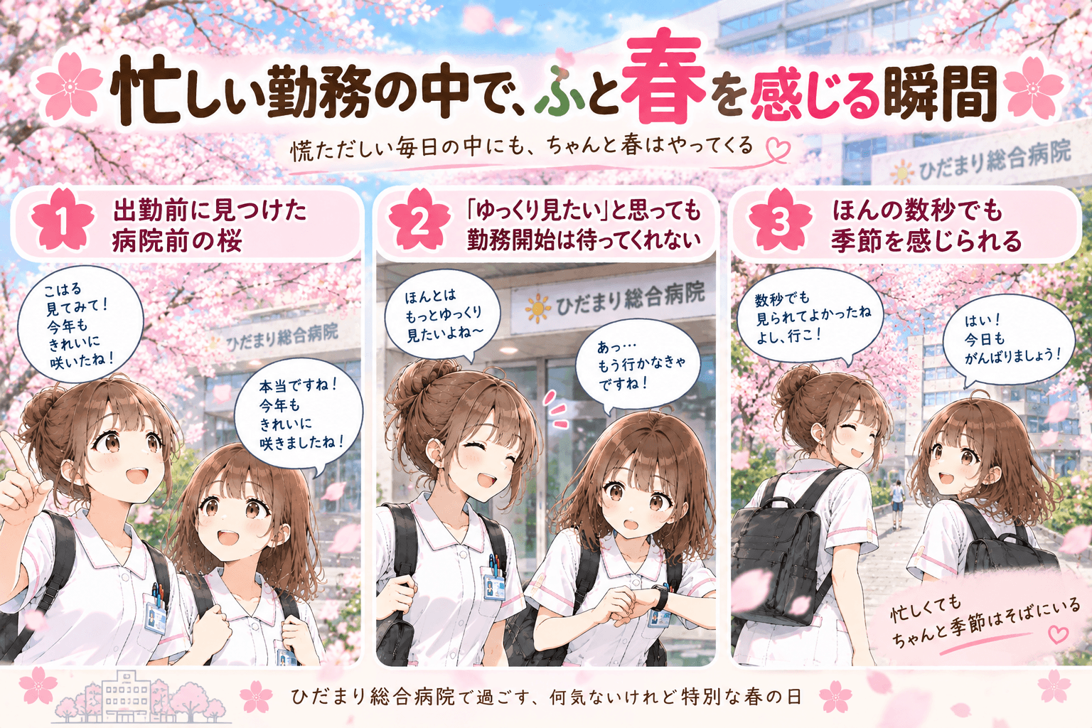 忙しい勤務の中で病院前の桜に気づくさくらとこはる