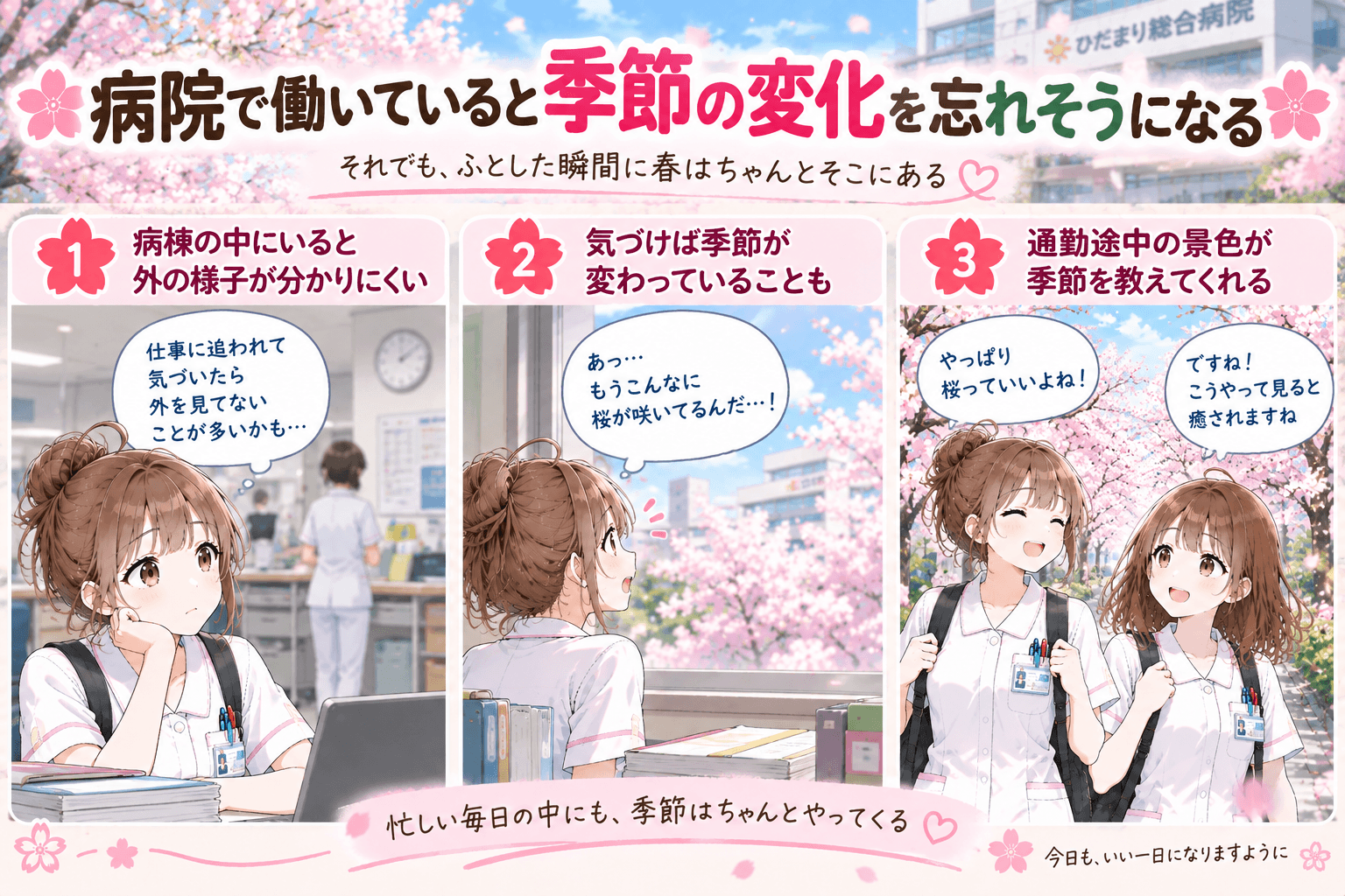病院で働く中で窓の外の桜から季節の変化に気づく看護師