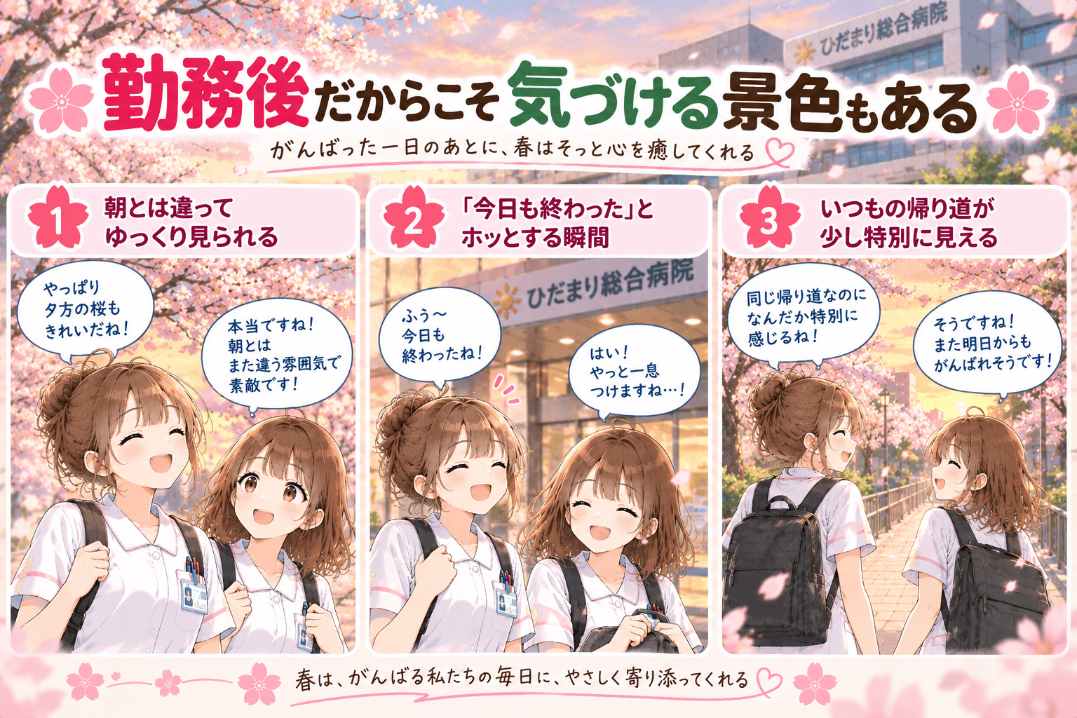 勤務後に病院前の桜をゆっくり眺めるさくらとこはる