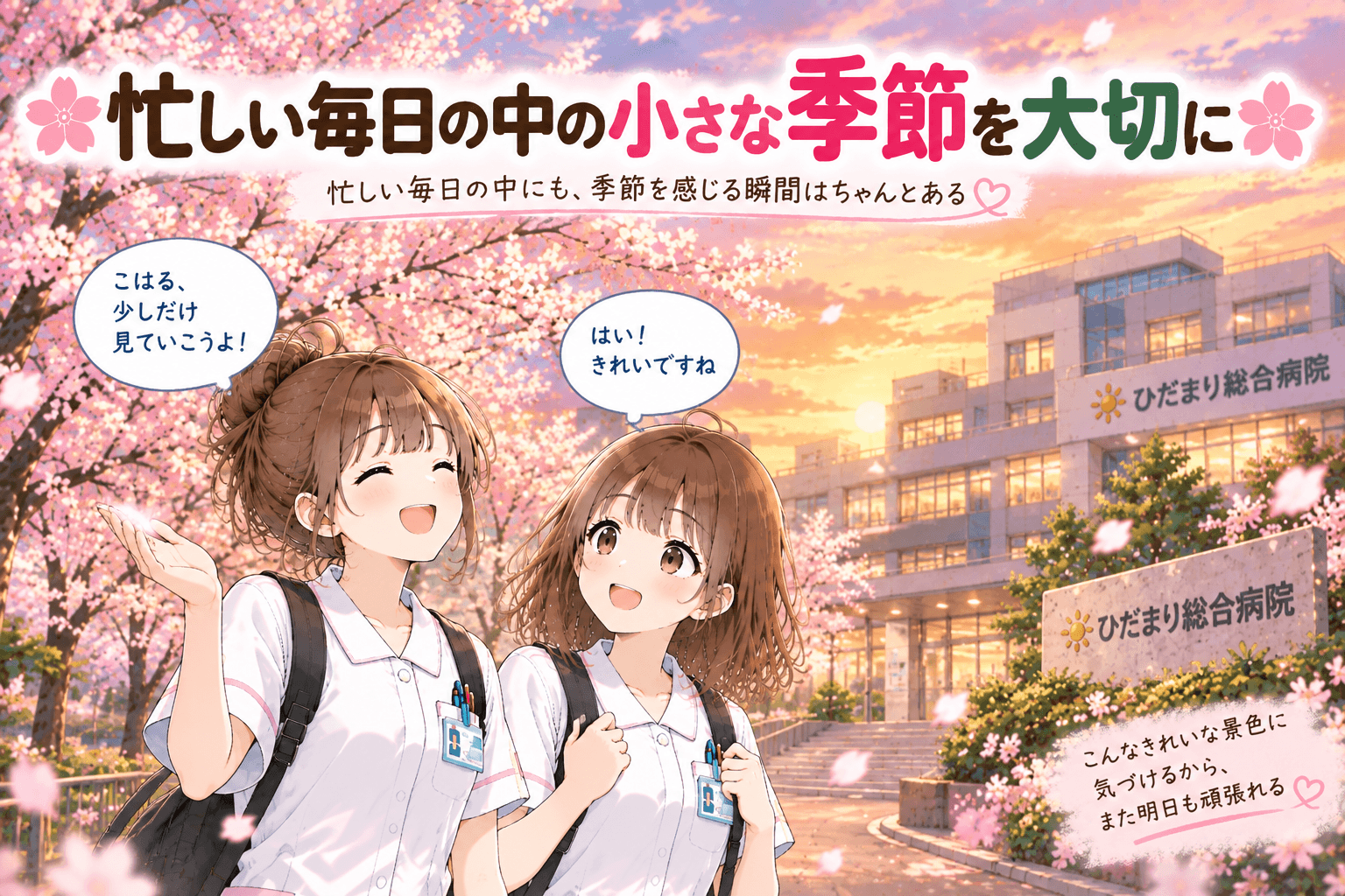 春の夕方に桜を眺めながらひだまり総合病院から帰るさくらとこはる