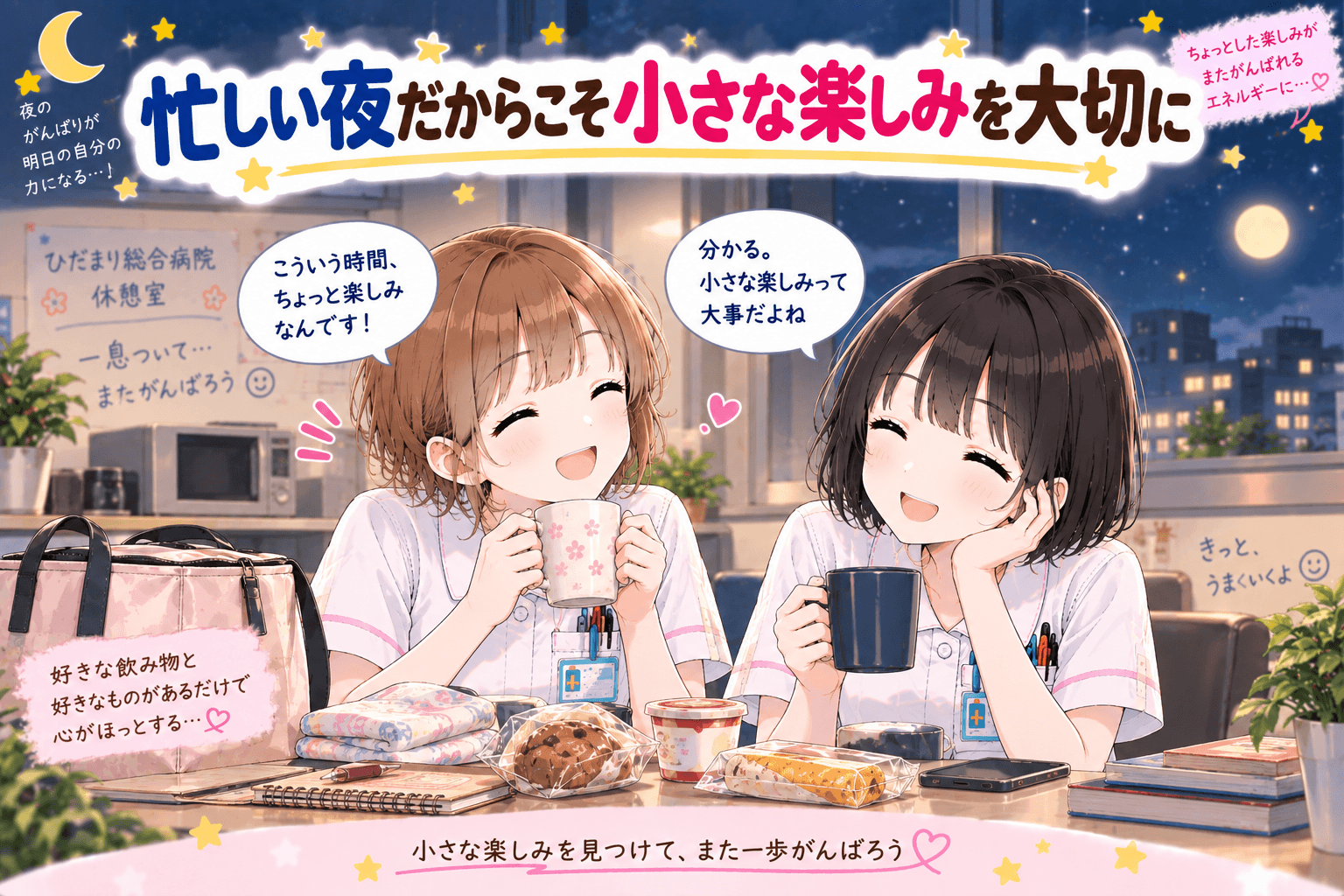 夜勤休憩室で飲み物を手に穏やかに過ごす看護師のゆずとみなみ