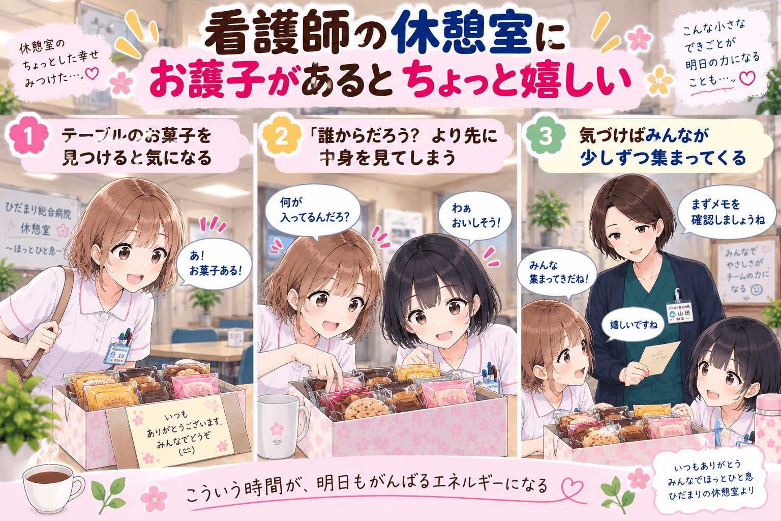 看護師の休憩室で差し入れのお菓子を見つけるこはるとみなみ