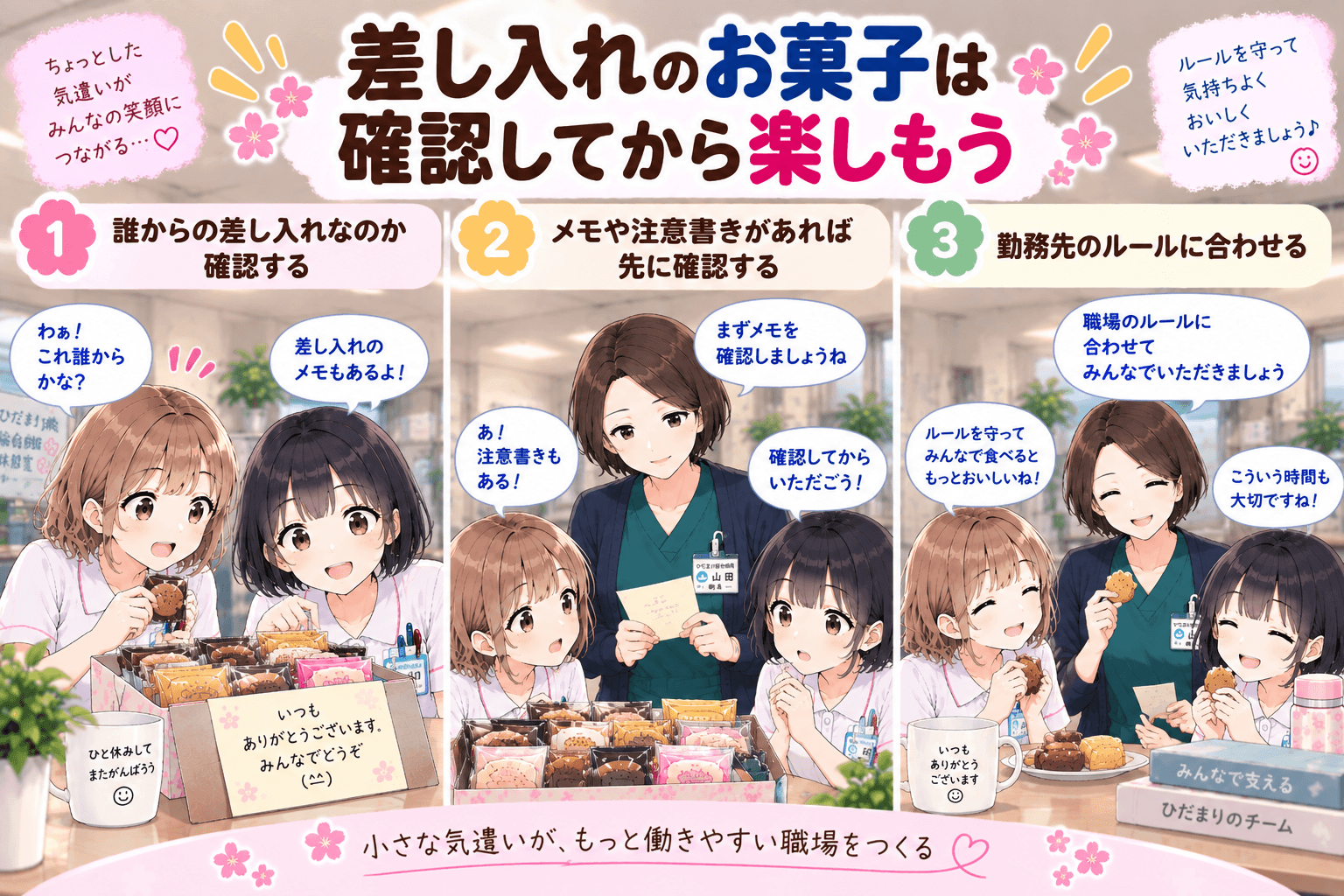 差し入れのお菓子のメモを山田師長と確認する看護師