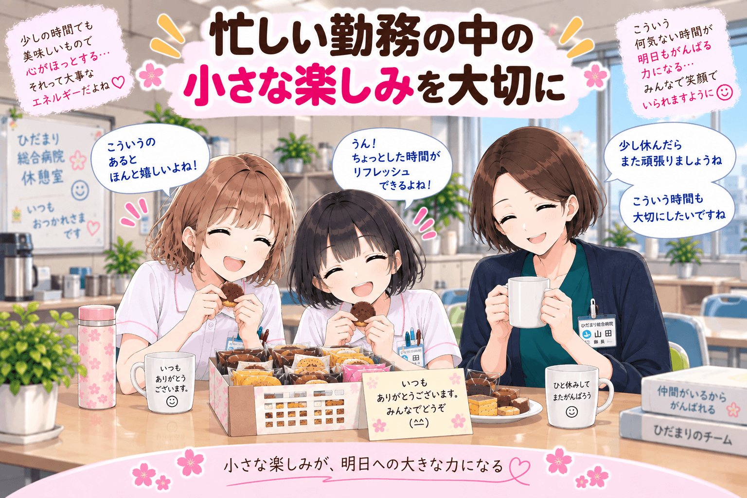 忙しい勤務の合間に休憩室で差し入れのお菓子を囲む看護師