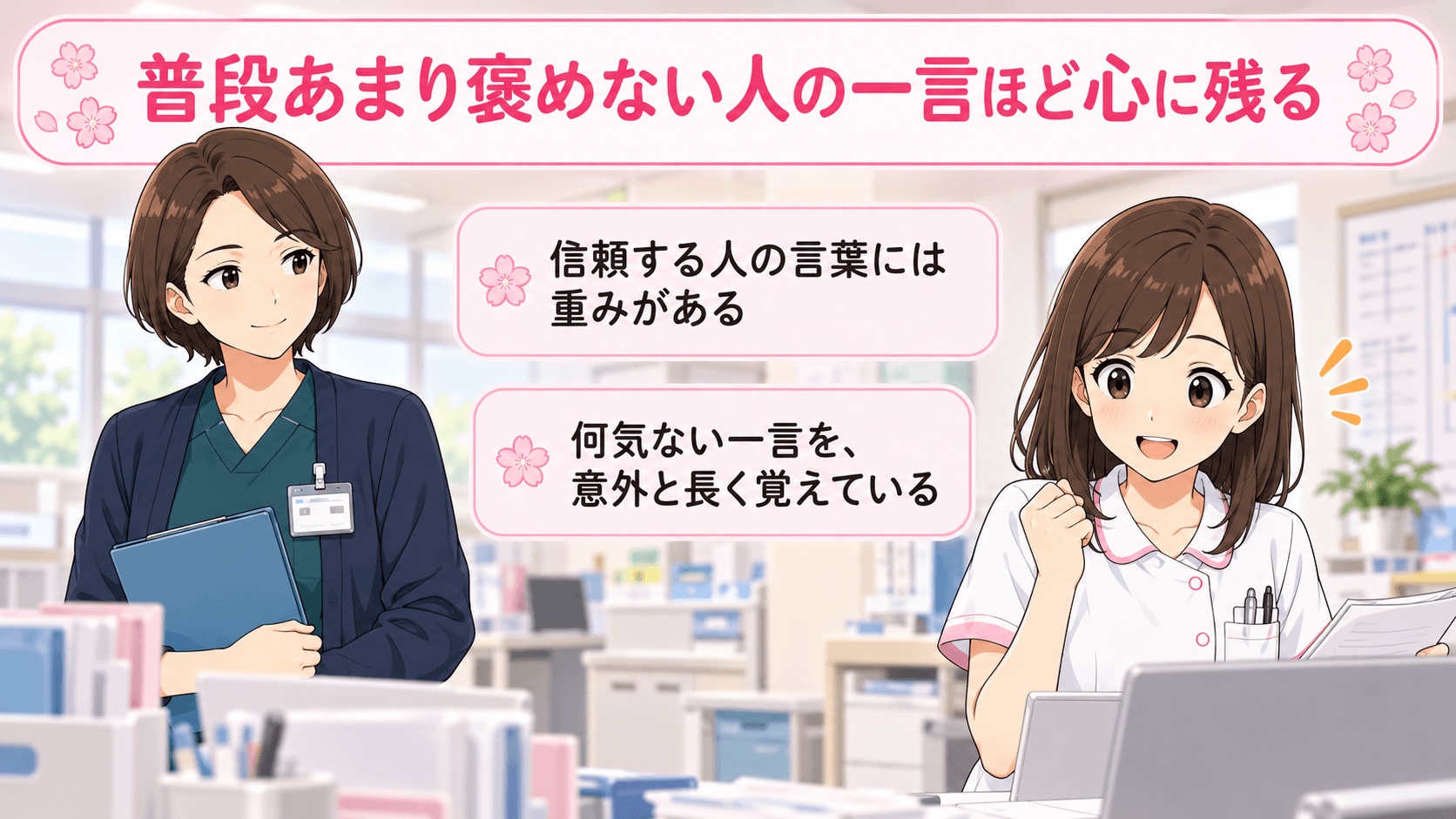 山田師長の言葉を思い出し、小さくガッツポーズをするこはる