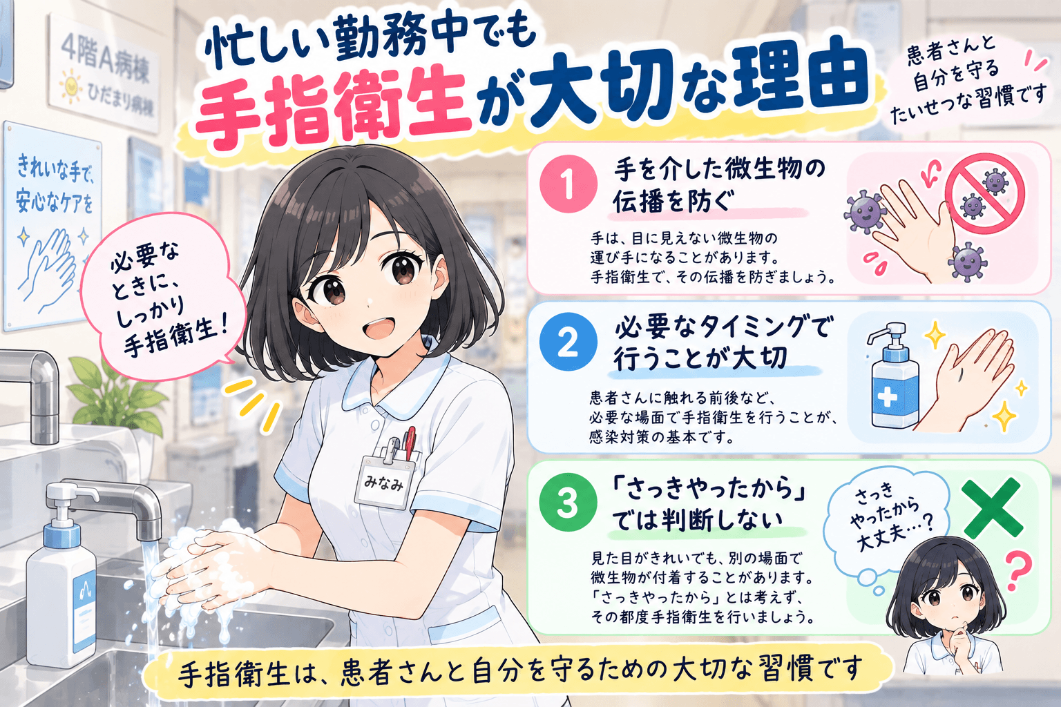 忙しい勤務中でも手指衛生が大切な理由を紹介するイラスト