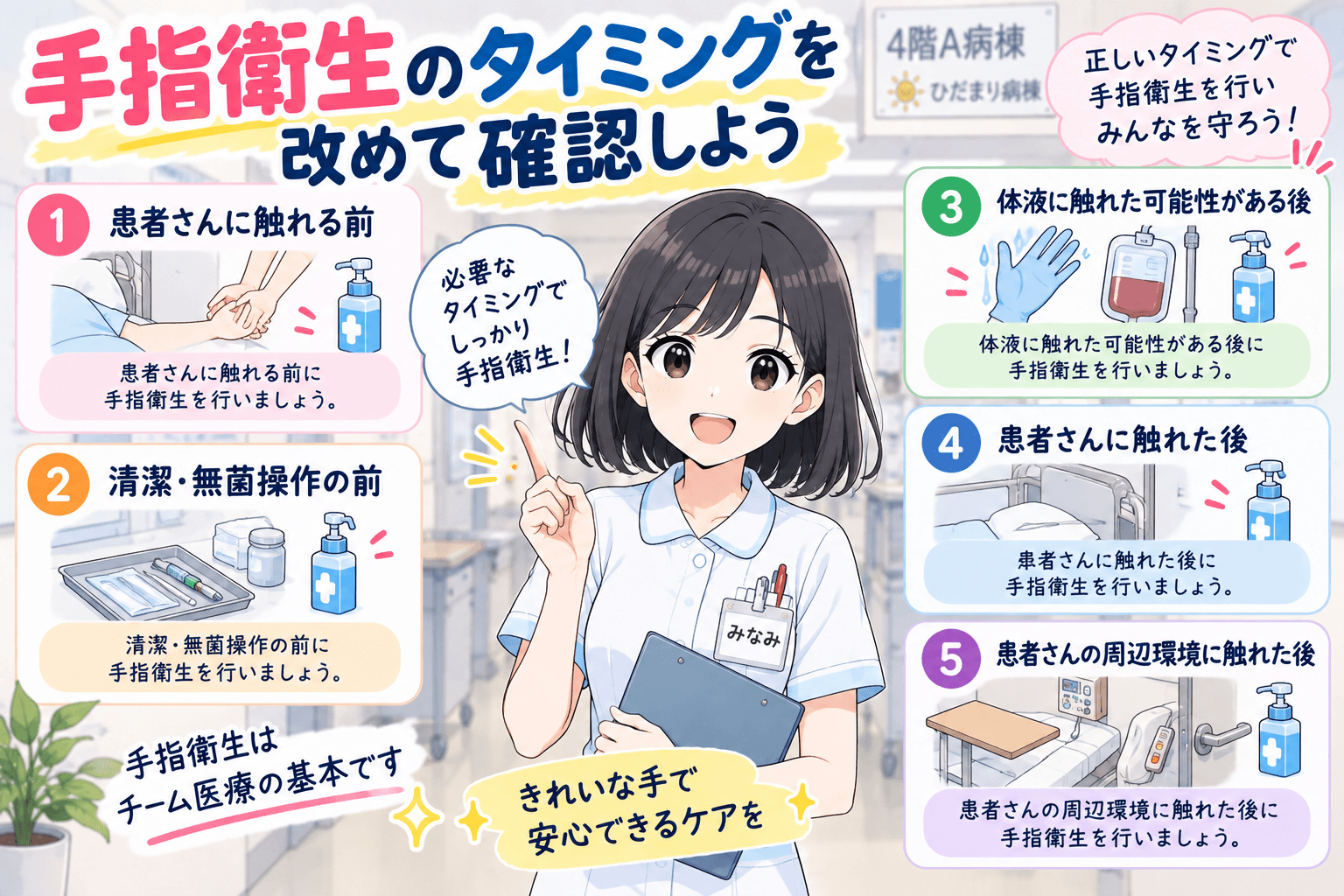 医療現場で手指衛生を行う5つのタイミングを紹介するイラスト