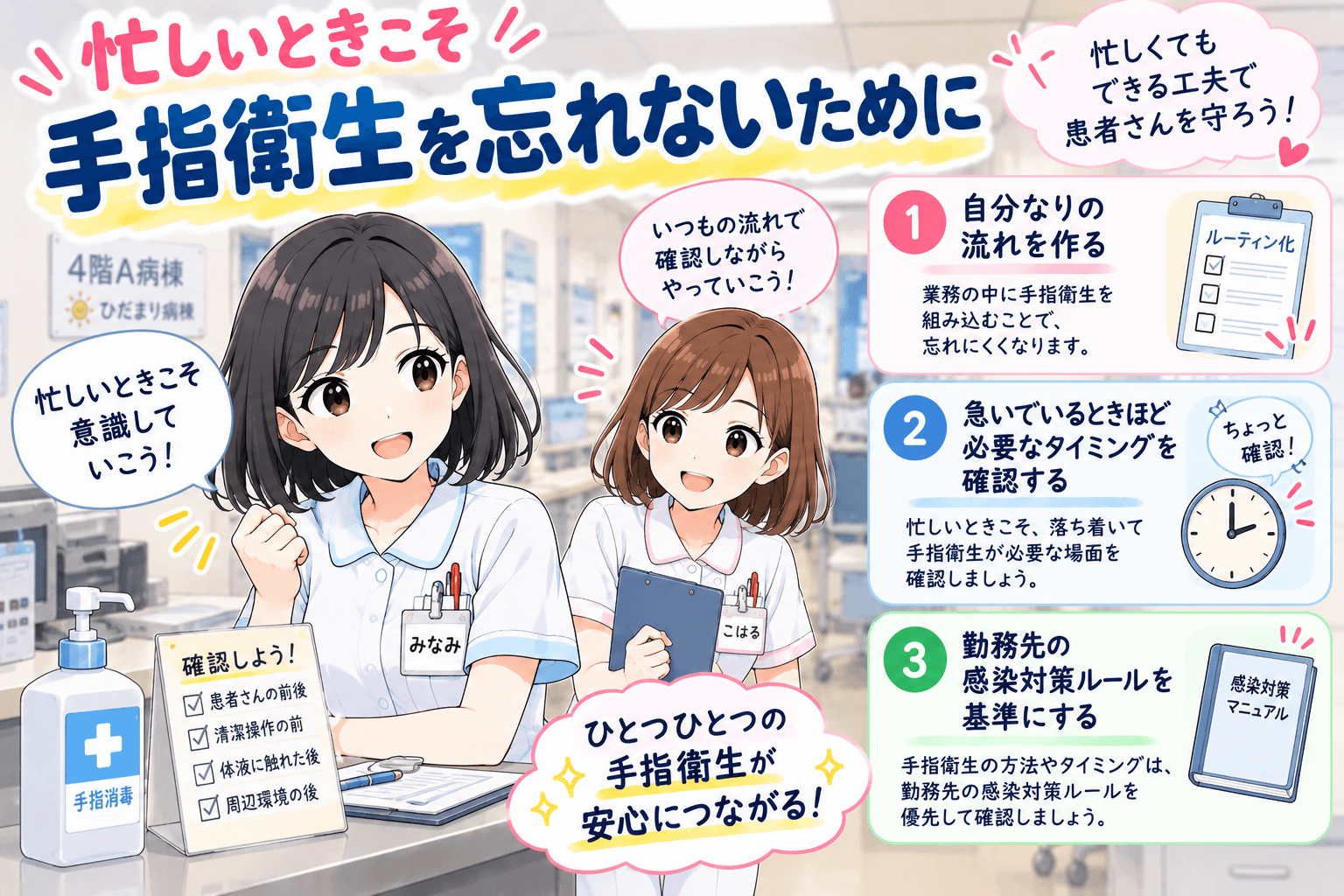 忙しいときに手指衛生を忘れないポイントを紹介するイラスト