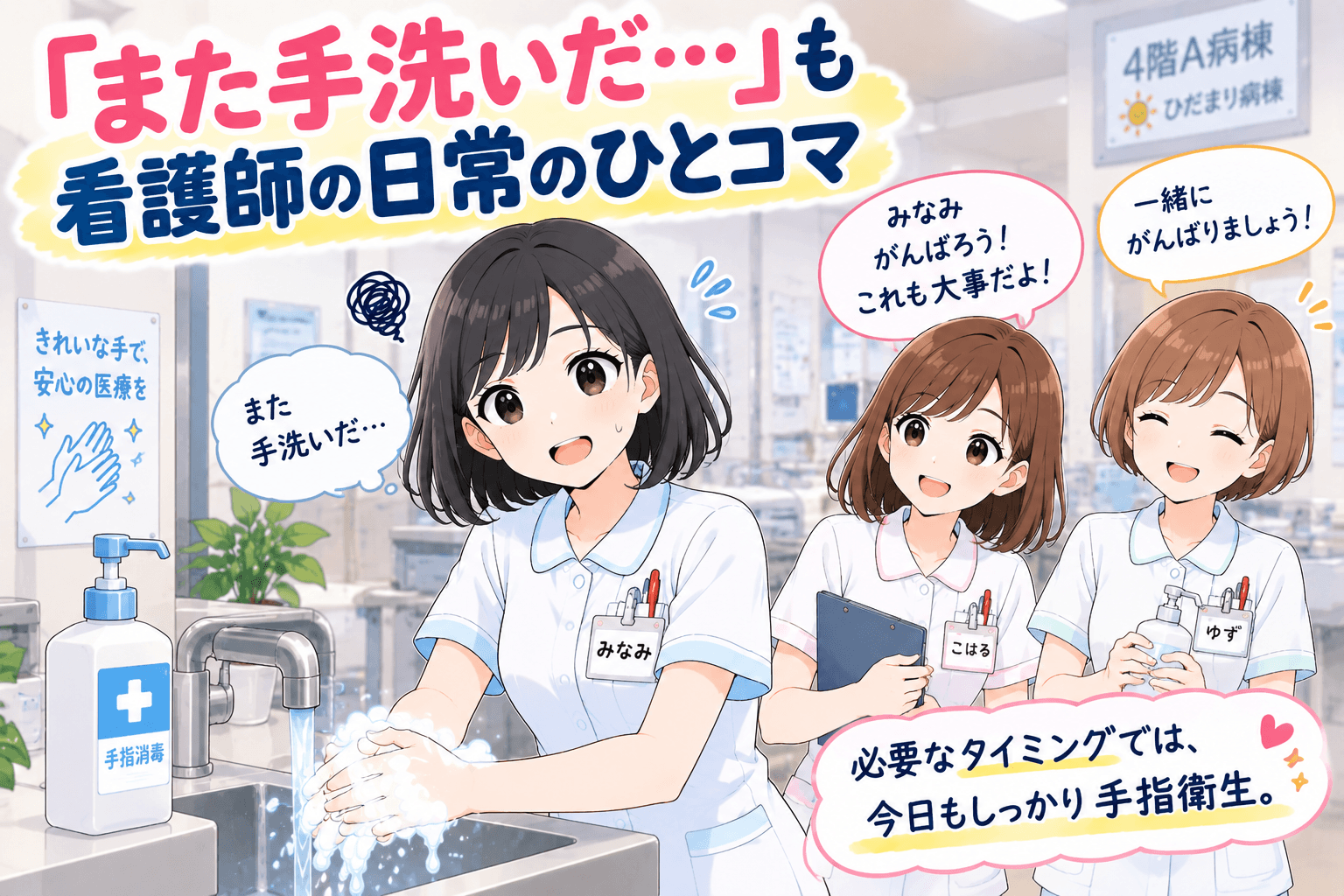 手指衛生を行う看護師の日常を描いたイラスト