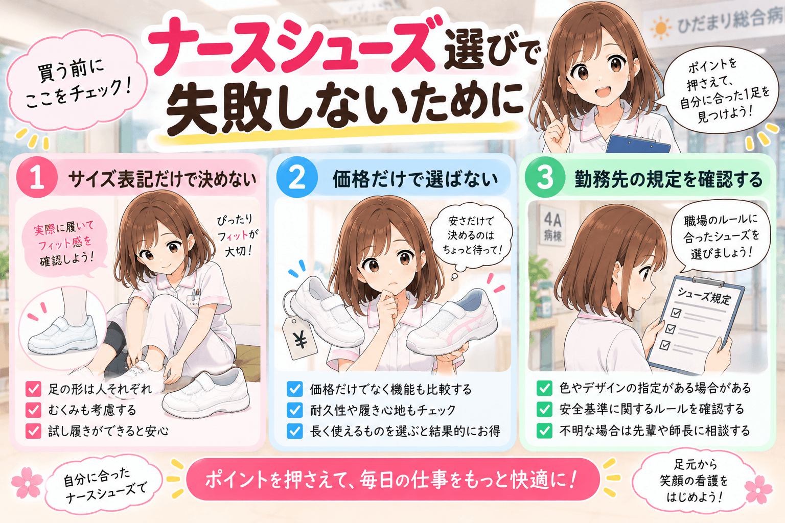 ナースシューズ選びで失敗しないための3つのポイント