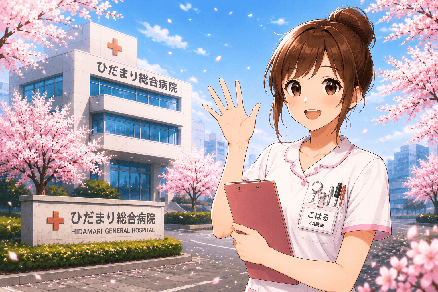 ひだまり総合病院の前に立つこはる
