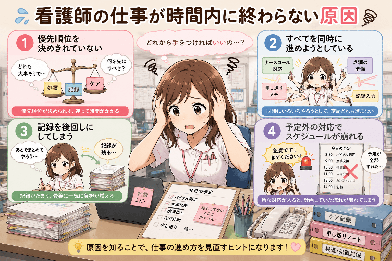 看護師の仕事が時間内に終わらない原因