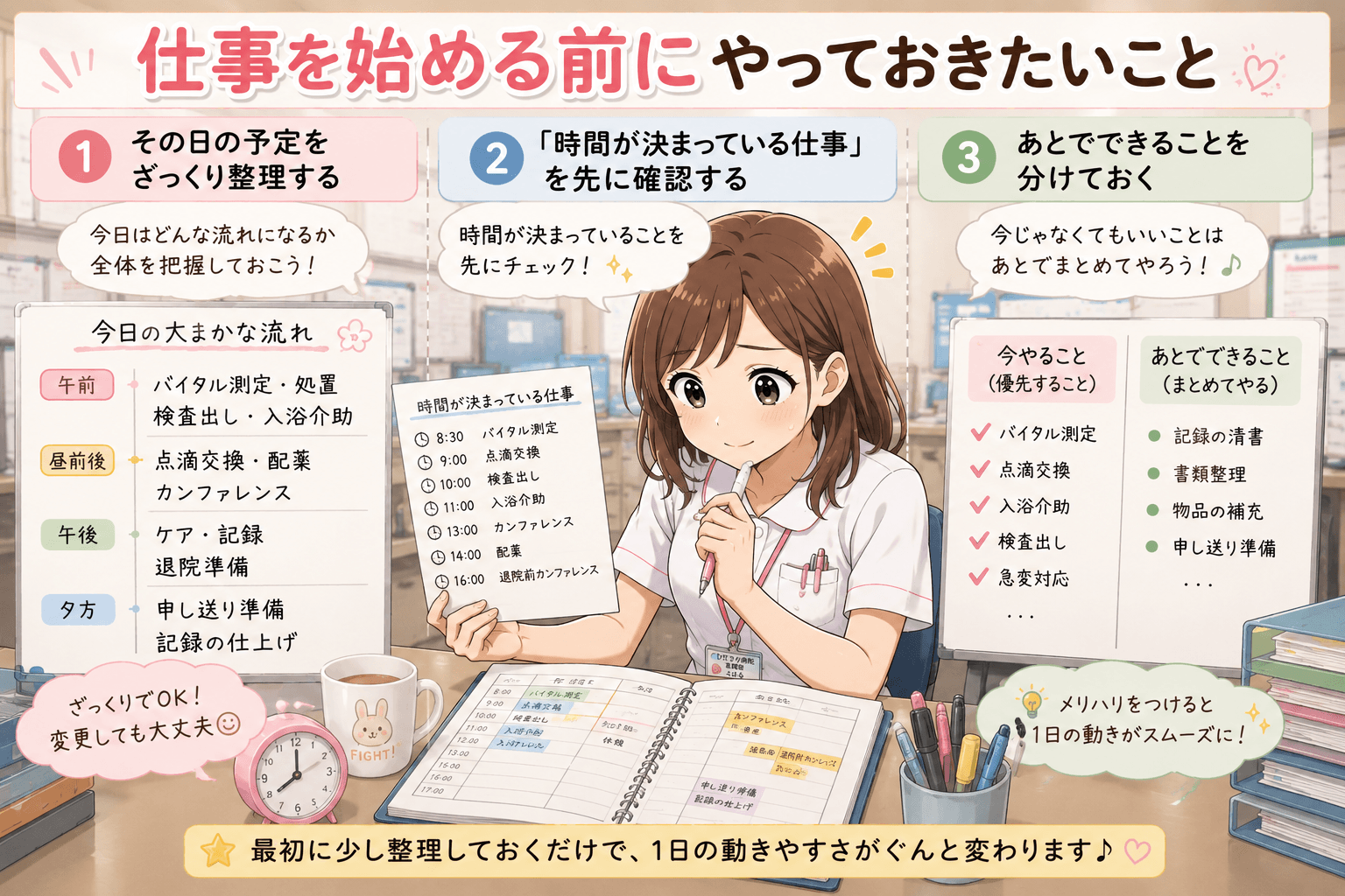 仕事を始める前に予定を整理する看護師