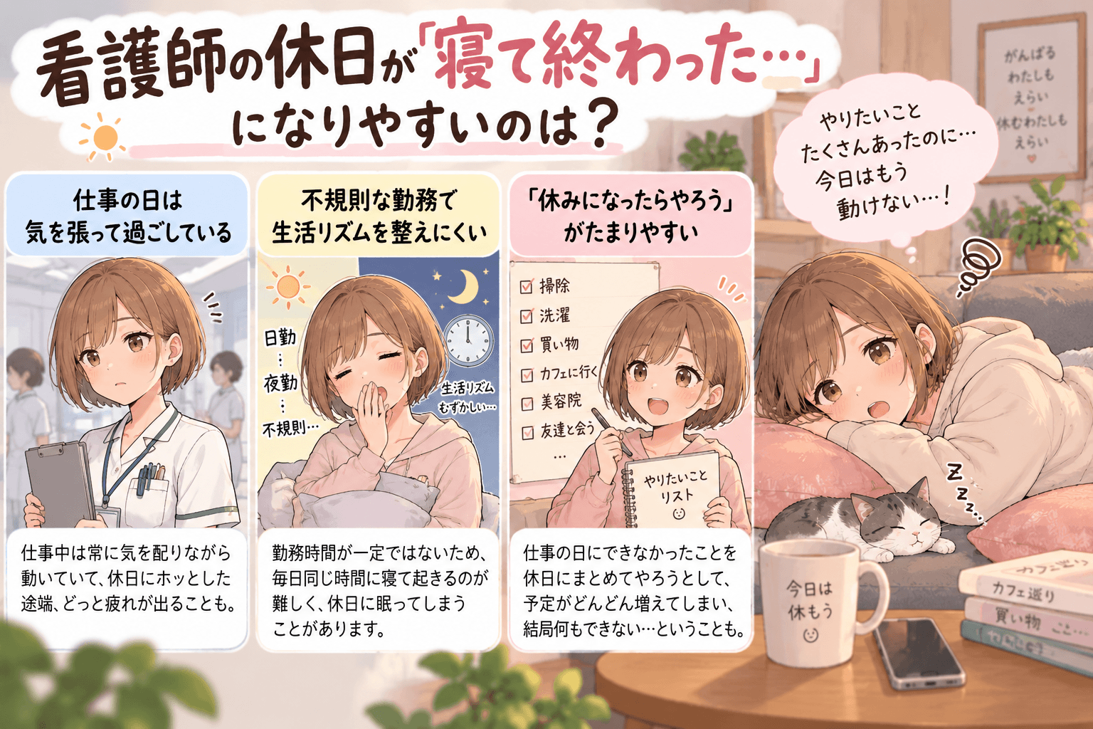 看護師の休日が寝て終わったと感じやすい理由を紹介するイラスト