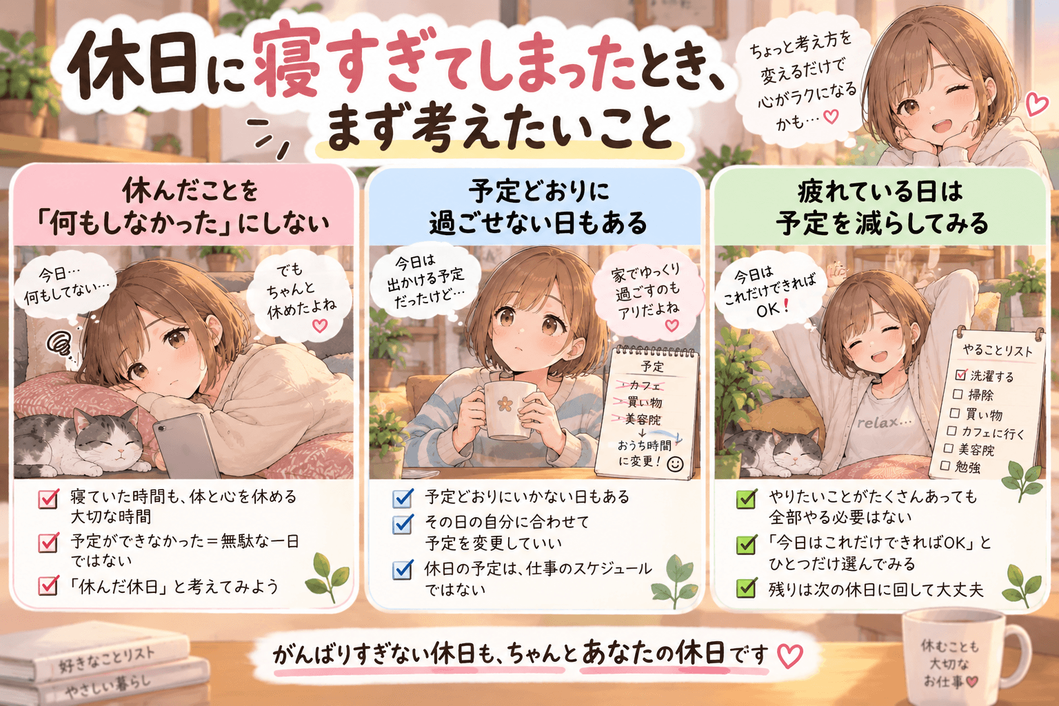 看護師が休日に寝すぎてしまったときの考え方を紹介するイラスト