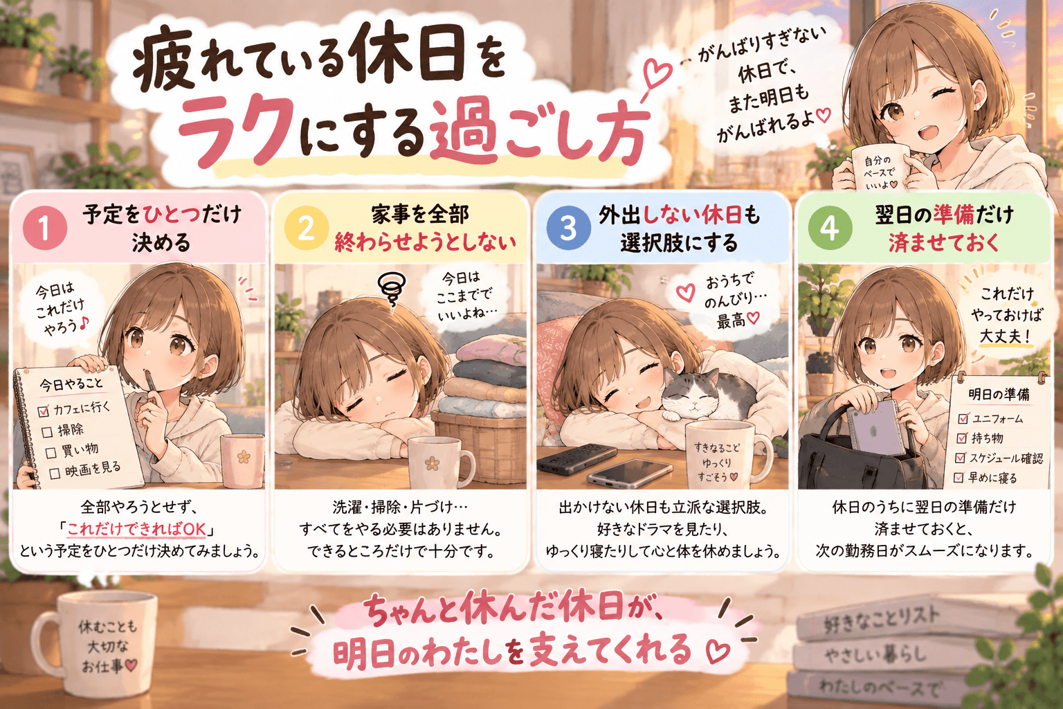 疲れている看護師が休日をラクに過ごすコツを紹介するイラスト
