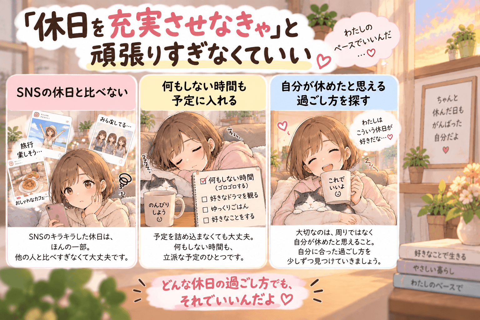 休日を充実させようと頑張りすぎない考え方を紹介する看護師のイラスト
