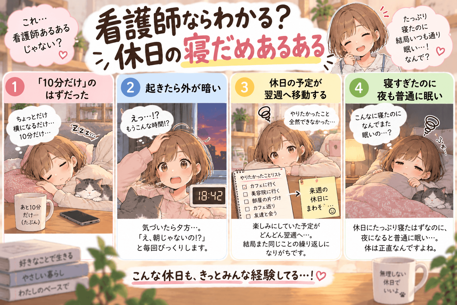 看護師の休日の寝だめあるあるを紹介するイラスト