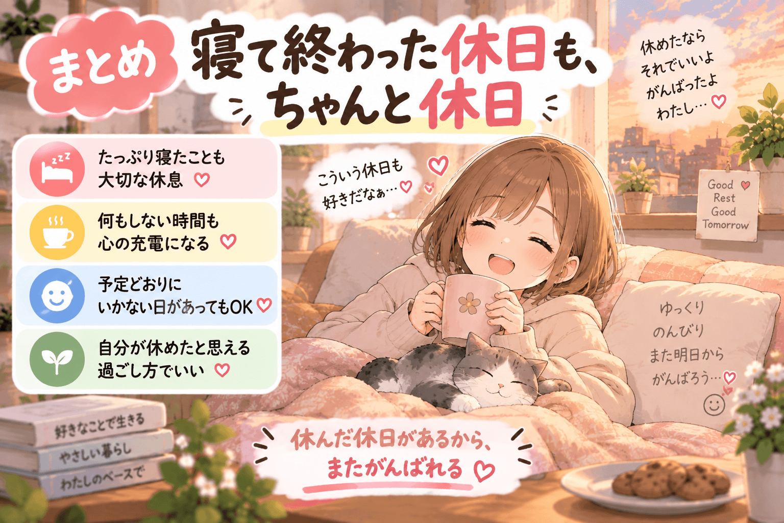 寝て終わった休日も大切な休日だと伝えるまとめイラスト
