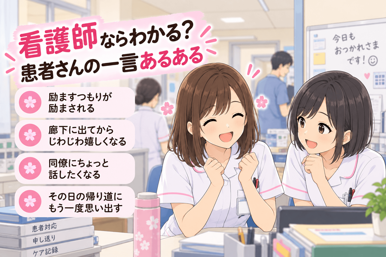 患者さんの嬉しい一言を同僚と話す看護師あるある